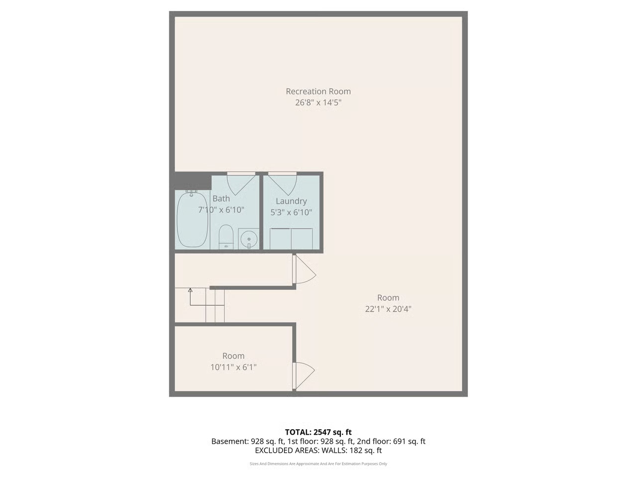 Lower level plan — recreation room, bath, laundry