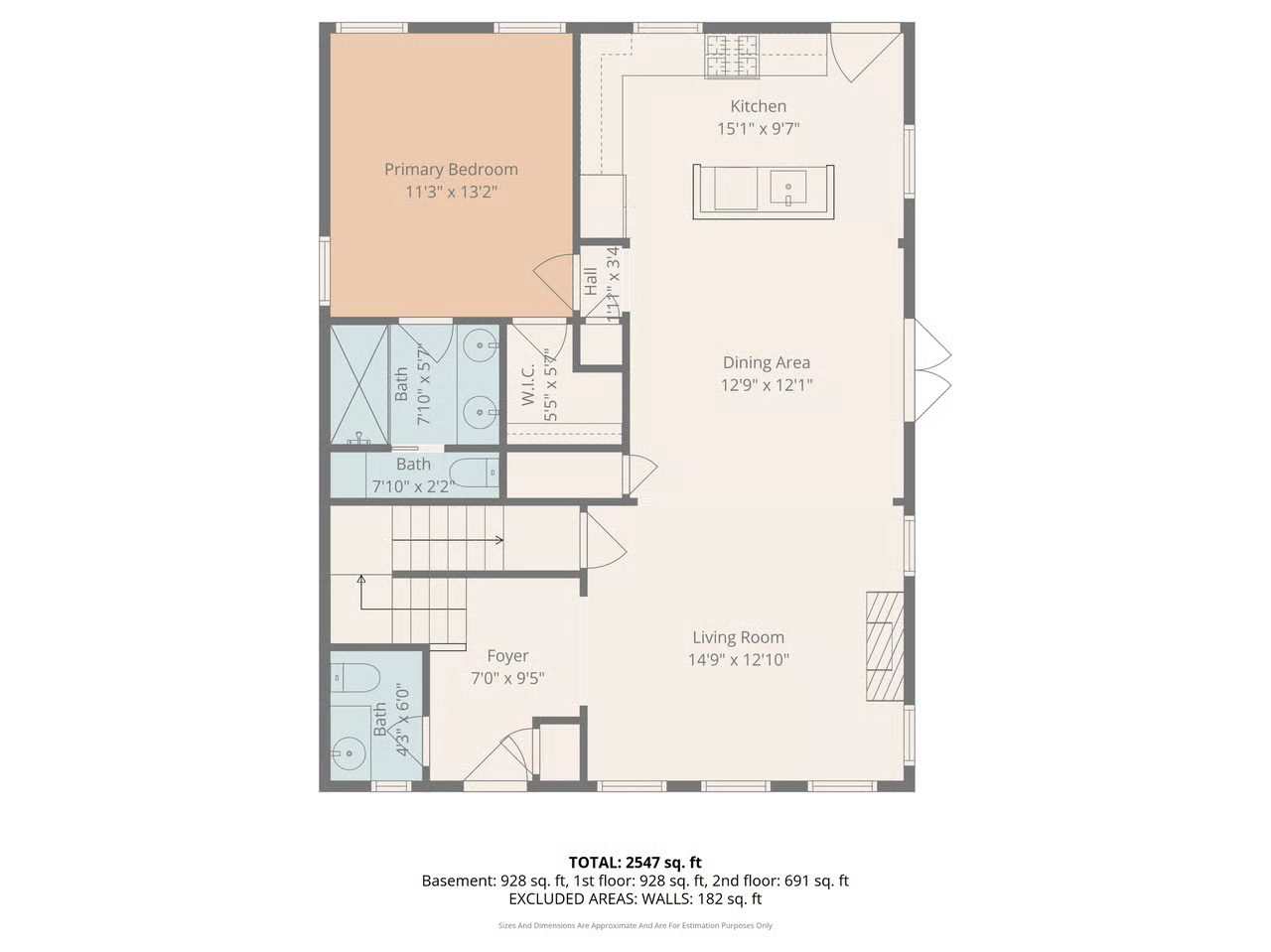 First floor plan — primary bedroom, kitchen, dining, living room