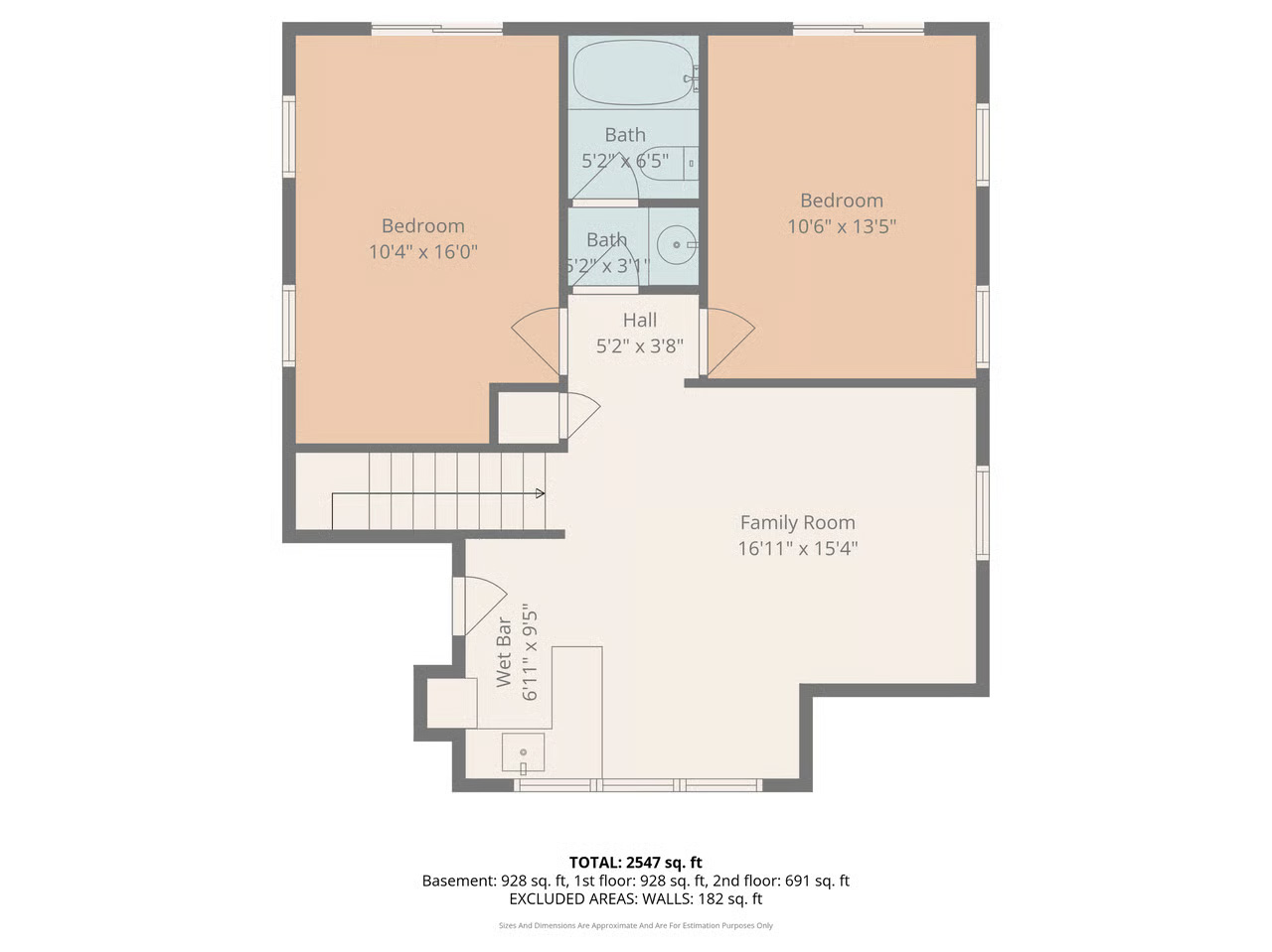 Second floor plan — two bedrooms, family room, wet bar