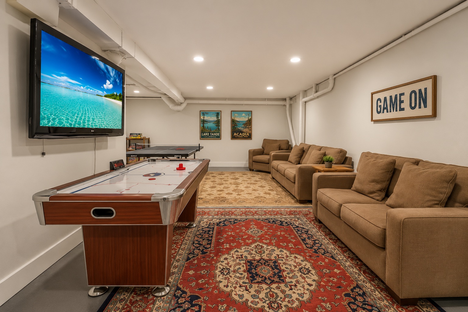 Game room with air hockey and TV